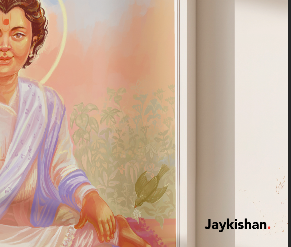 Illustration of Shri Ghanshyam in traditional attire with a blurred background.