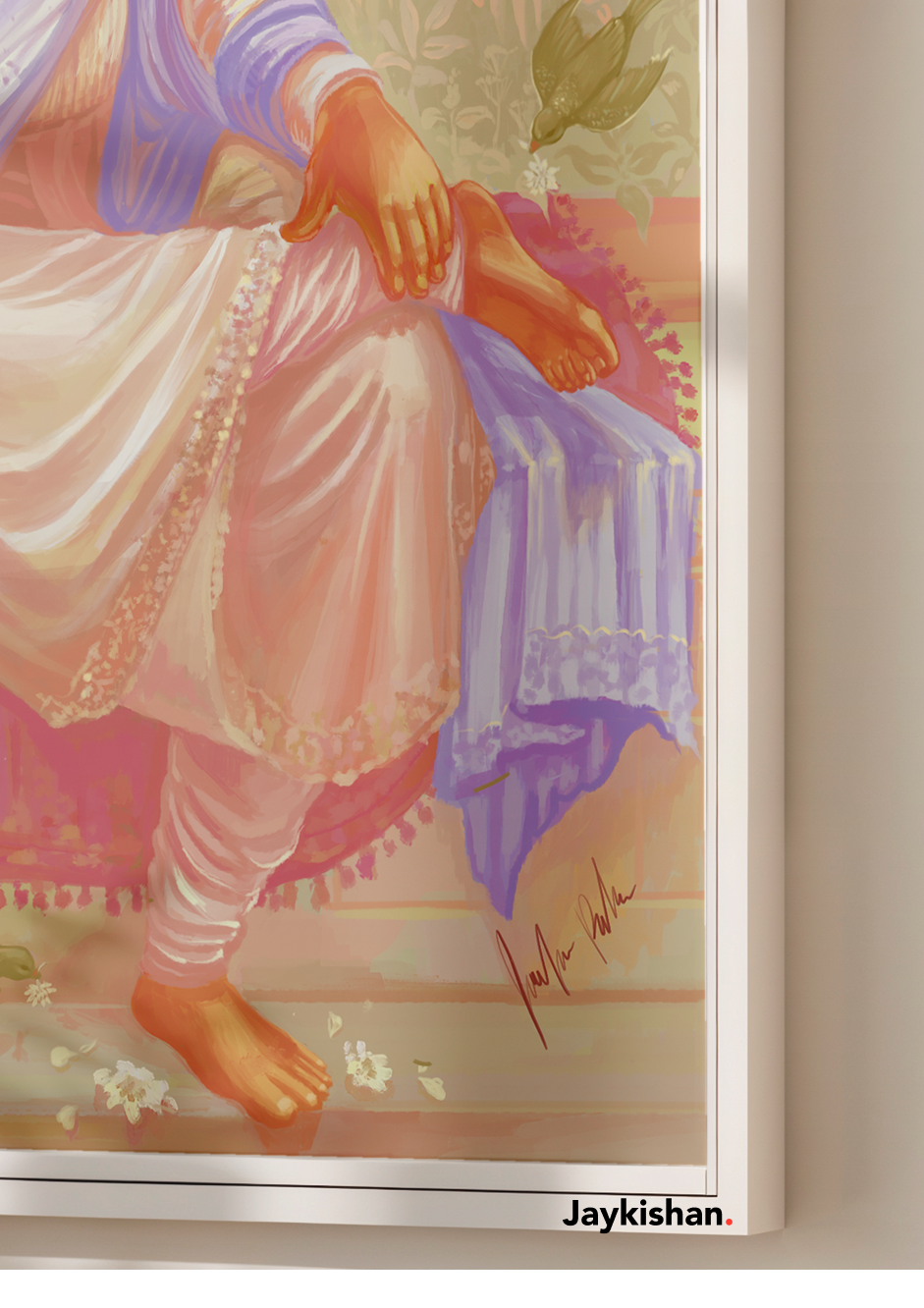 Colorful depiction of a seated Ghanshyam with a signature at the bottom right corner on a textured background.