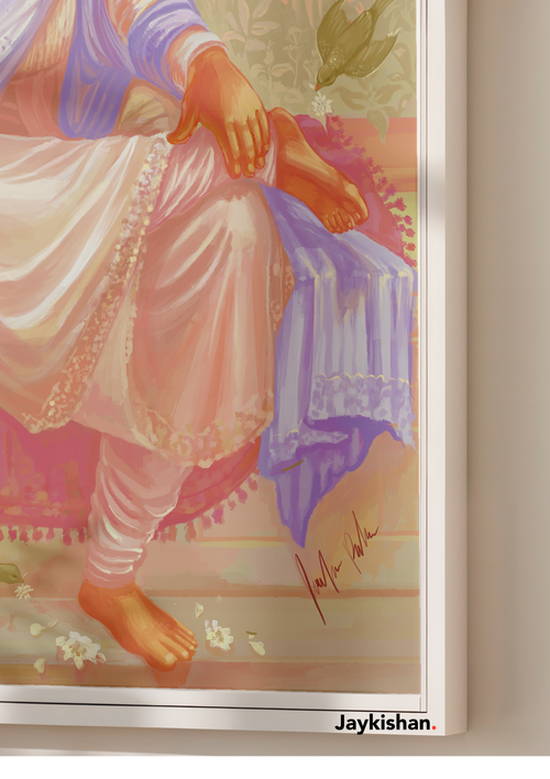 Colorful depiction of a seated Ghanshyam with a signature at the bottom right corner on a textured background.