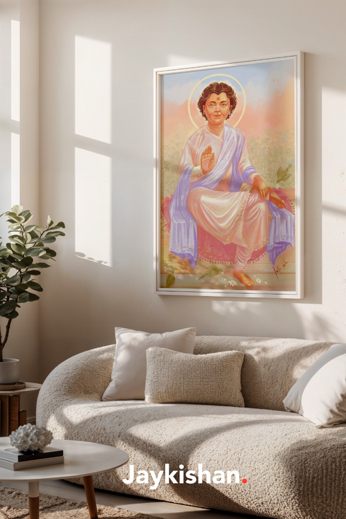 Framed artwork of a Shri Ghanshyam Maharaj on a wall above a beige sofa in a living room.
