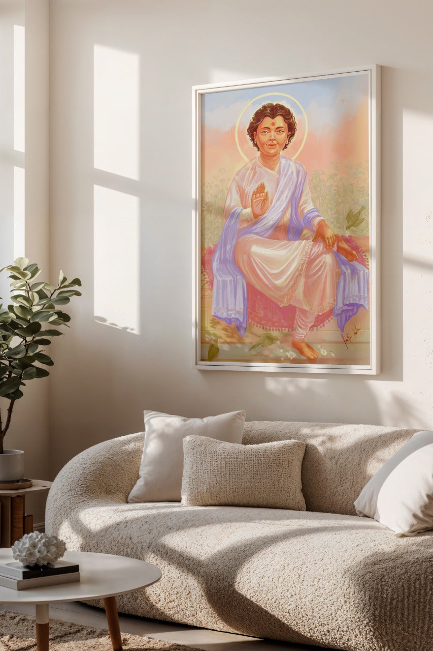 Framed artwork of Bhagwan Swaminarayan on a wall above a beige sofa in a living room.